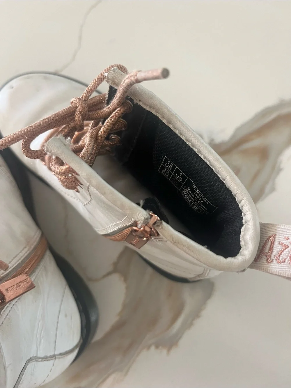 Dr. Martens Kids White Boots with Rose Gold Laces